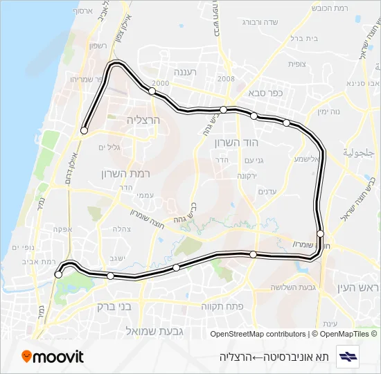 תא אוניברסיטה - הרצליה Israel Railways Line Map