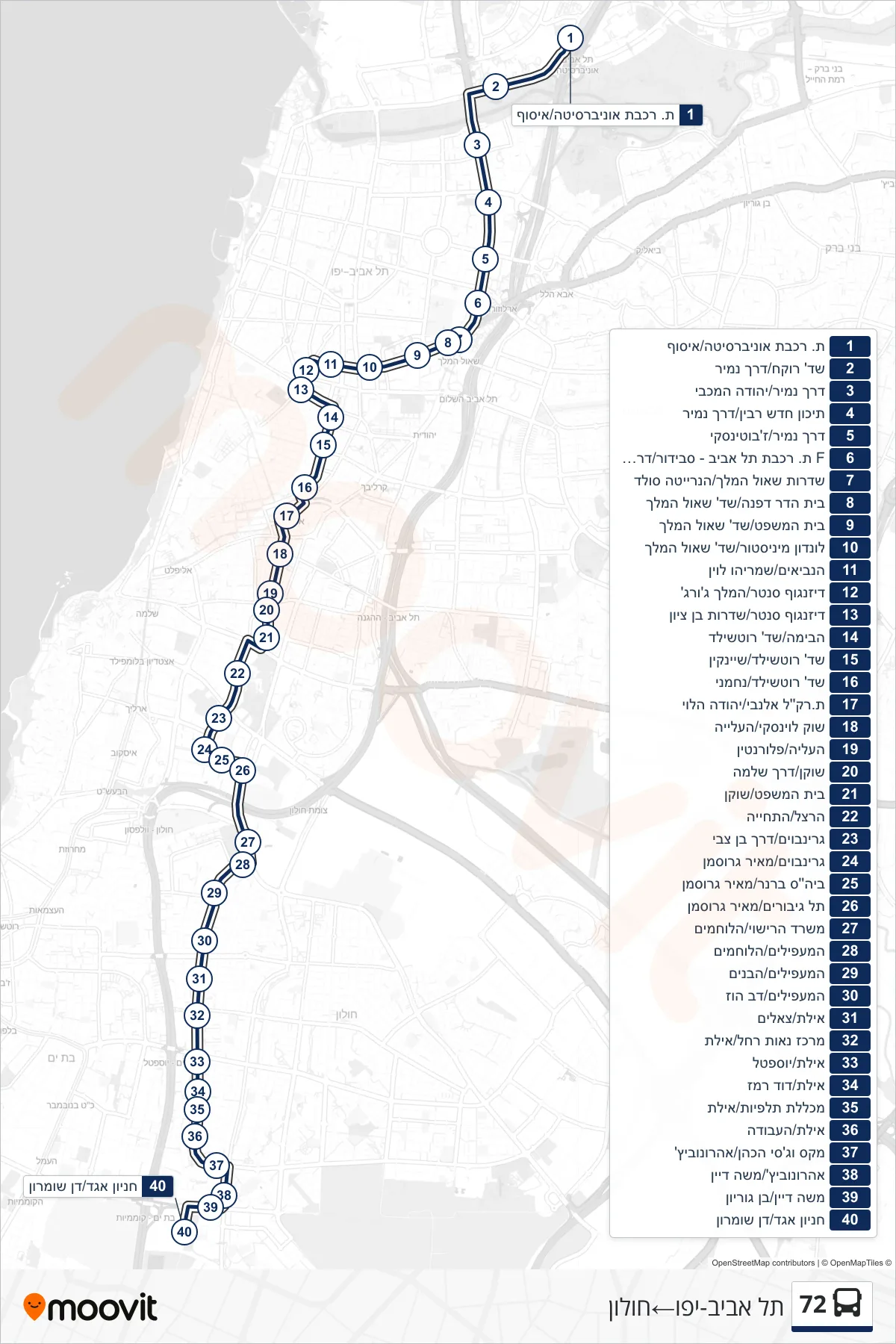 72 bus Line (Tel Aviv-Yafo‎→Holon) route and stops on a map