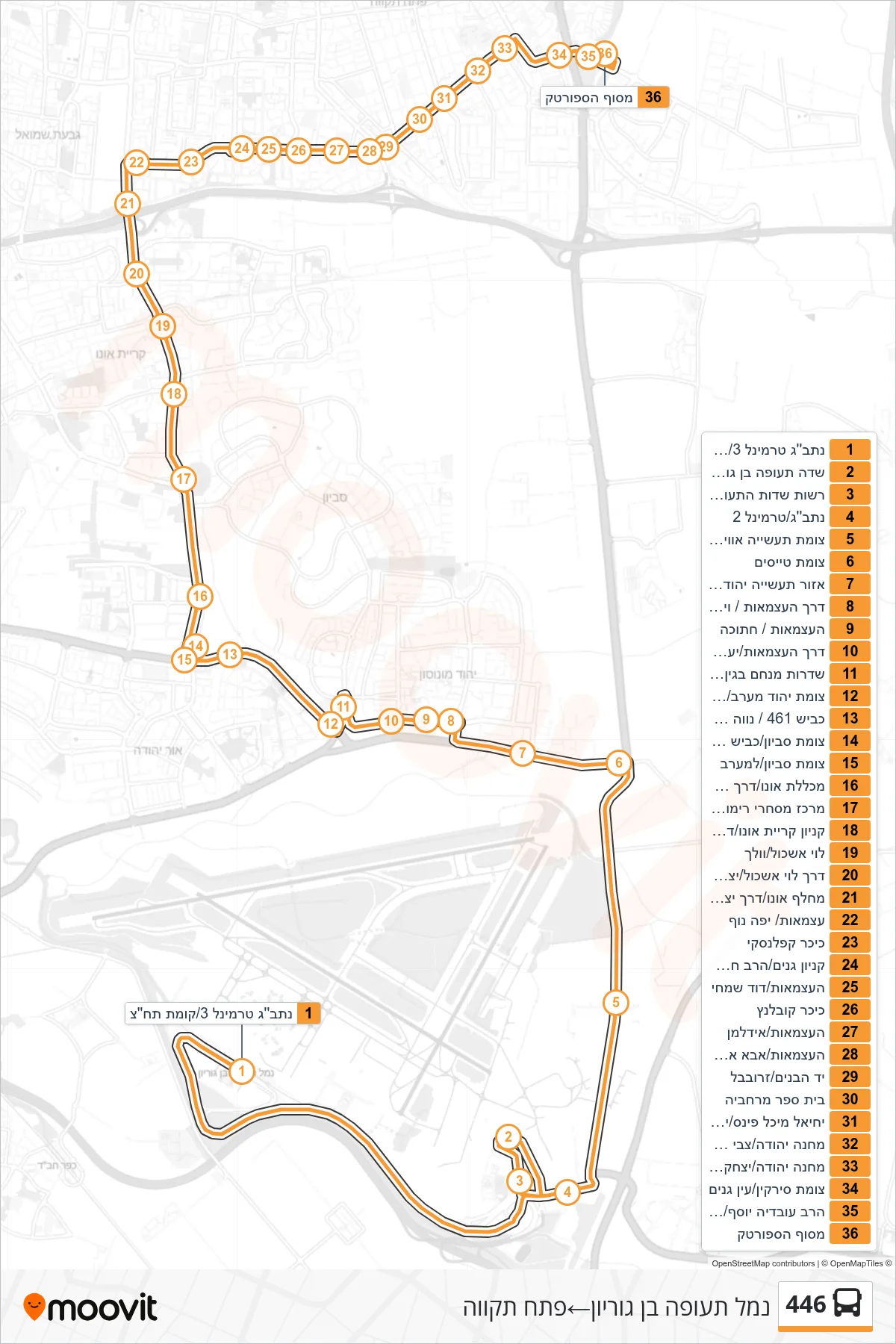 446 bus Line (Ben Gurion Airport‎→Petah Tikva) route and stops on a map