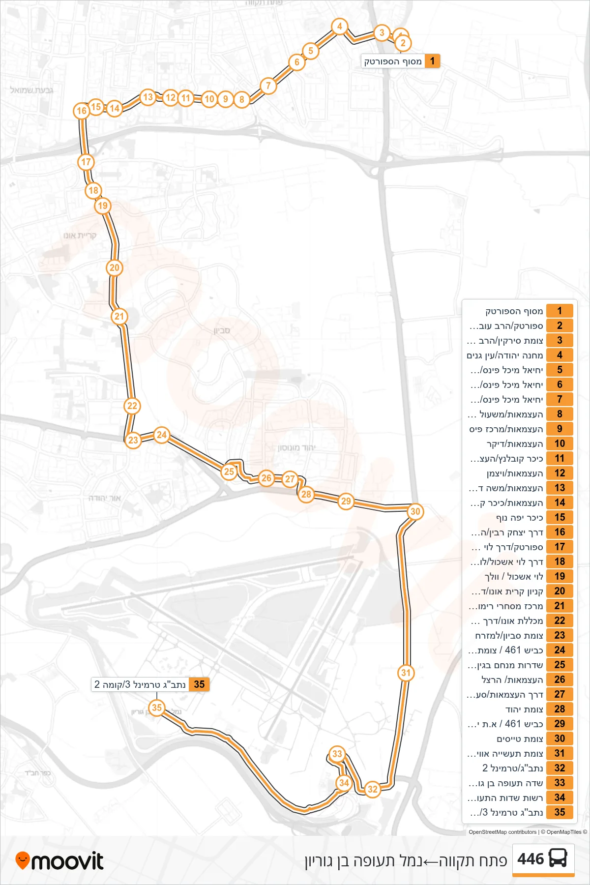 446 bus Line (Petah Tikva‎→Ben Gurion Airport) route and stops on a map