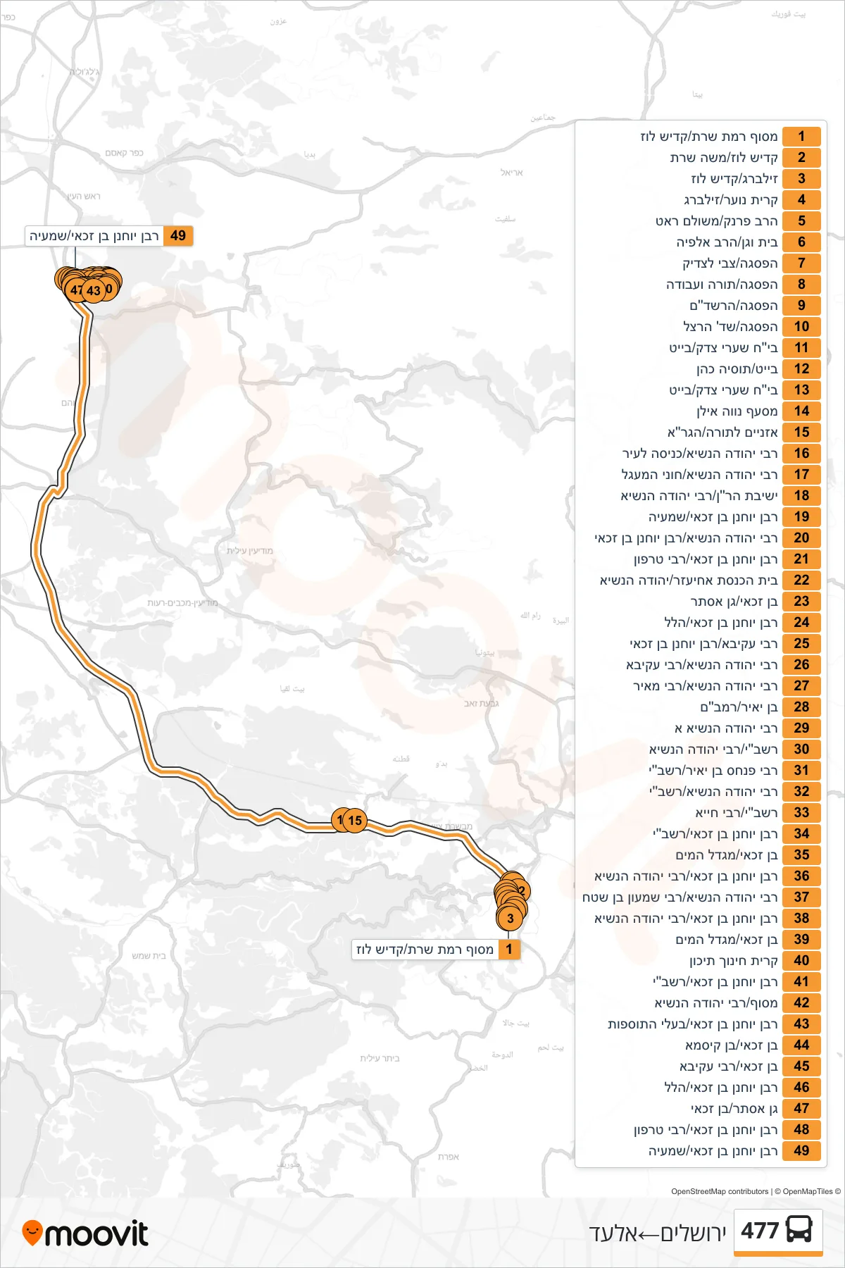 477 bus Line (Jerusalem‎→Elad) route and stops on a map