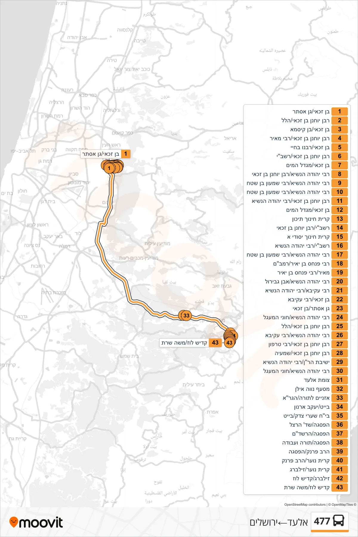 477 bus Line (Elad‎→Jerusalem) route and stops on a map