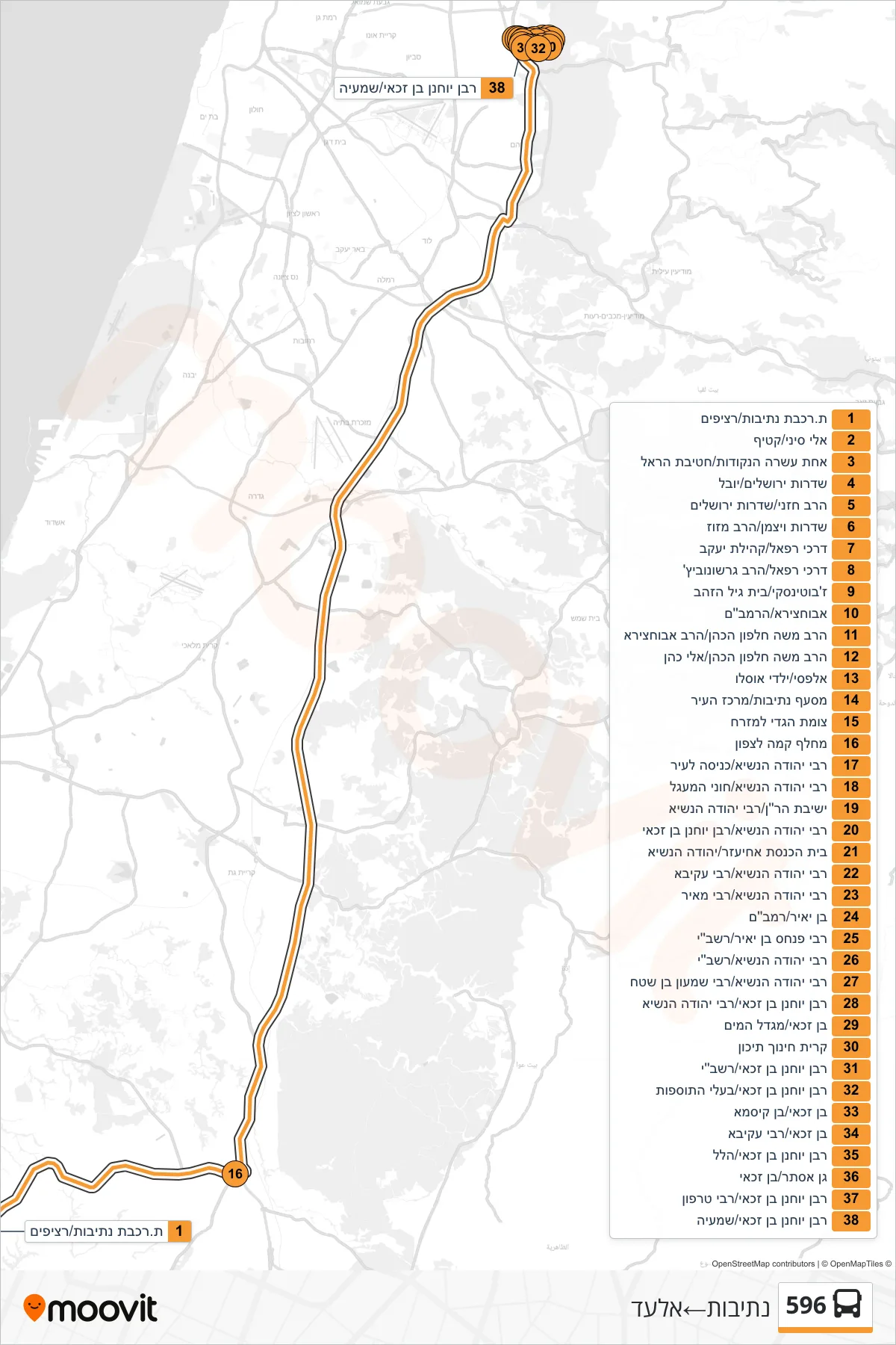 596 bus Line (Netivot→Elad) route and stops on a map