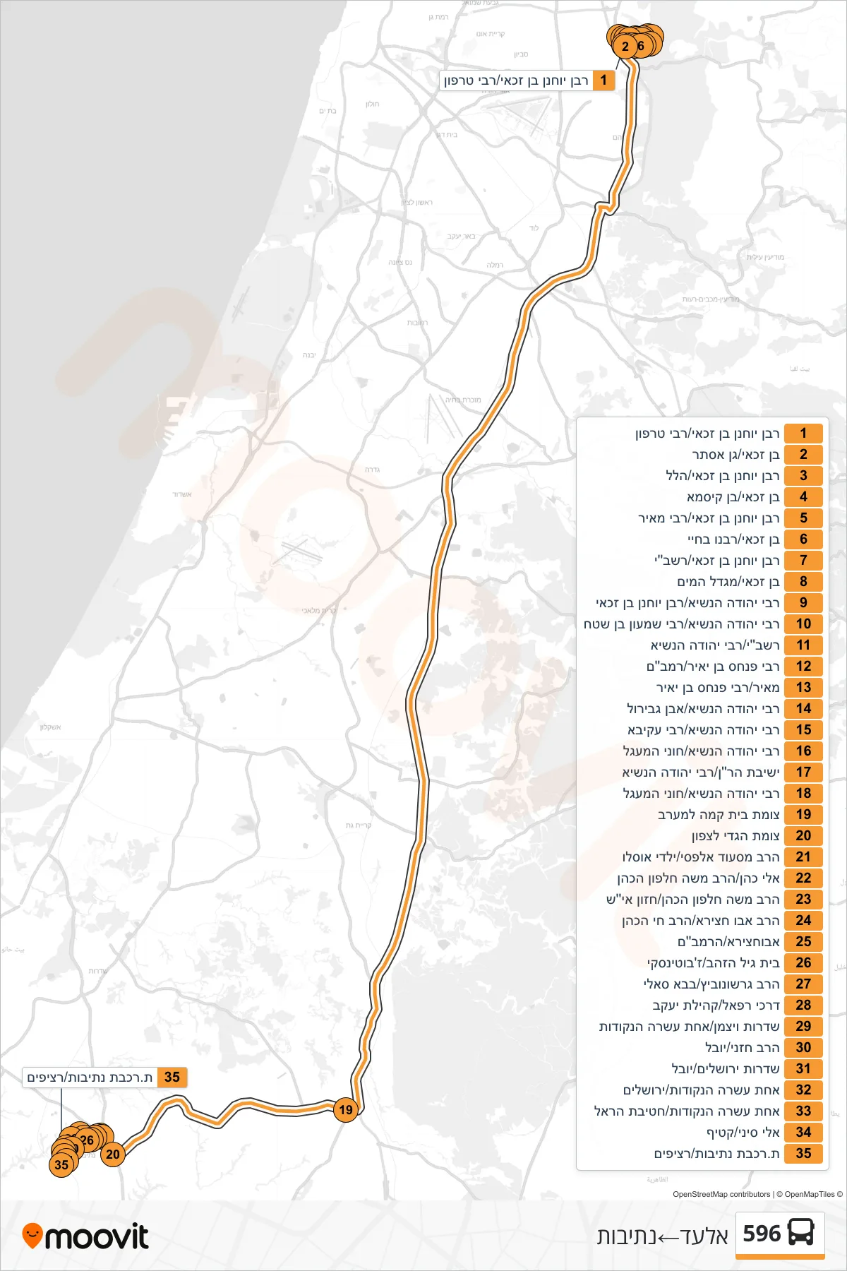 596 bus Line (Elad→Netivot) route and stops on a map