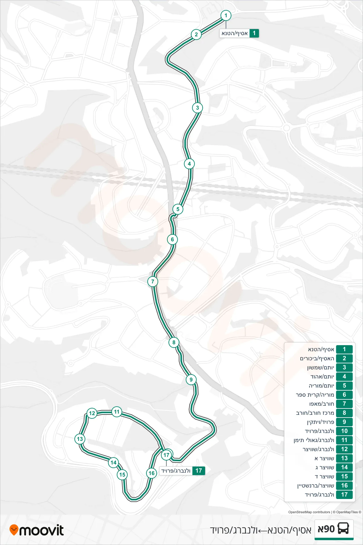 90A bus Line (Asif/HaTena‎→Walenberg/Freud) route and stops on a map