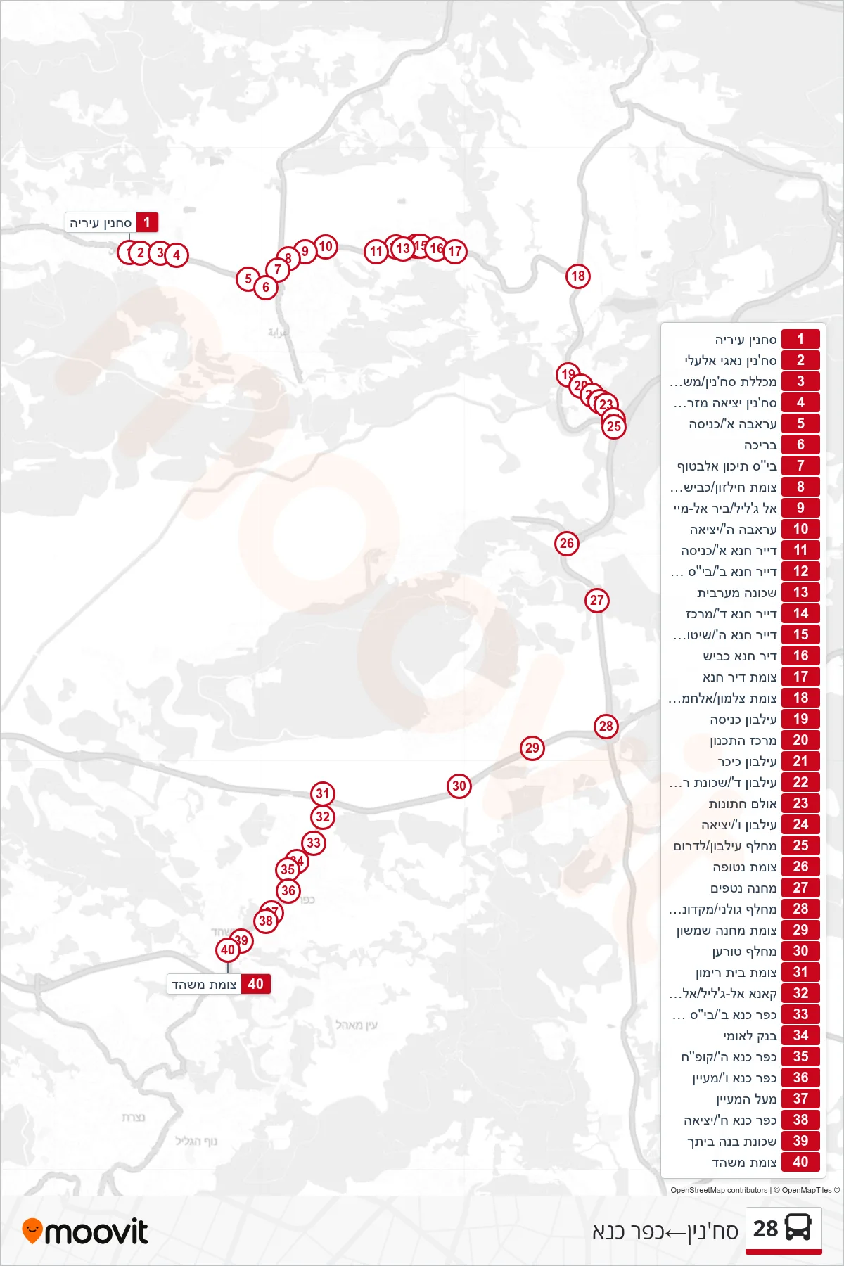28 bus Line (Sakhnin‎→Kafr Kana) route and stops on a map