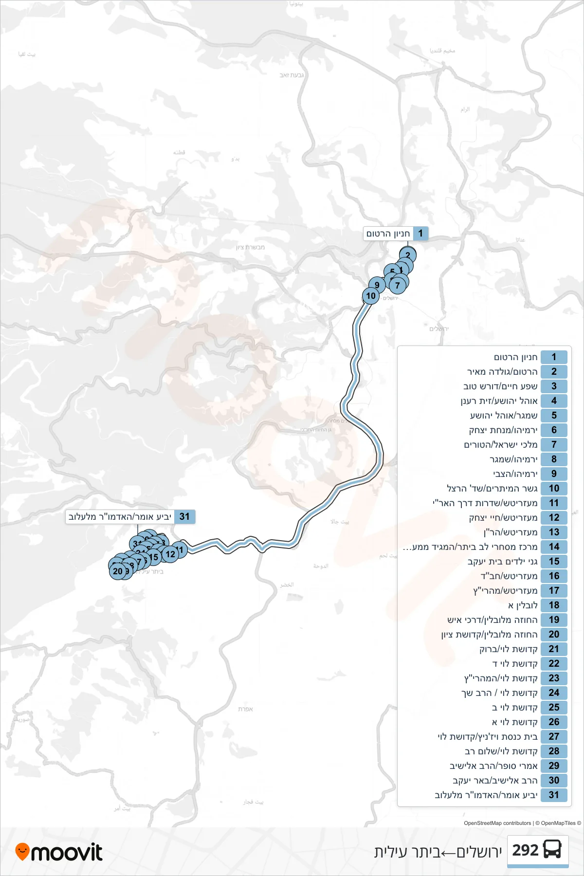 292 bus Line (Jerusalem‎→Beitar Illit) route and stops on a map