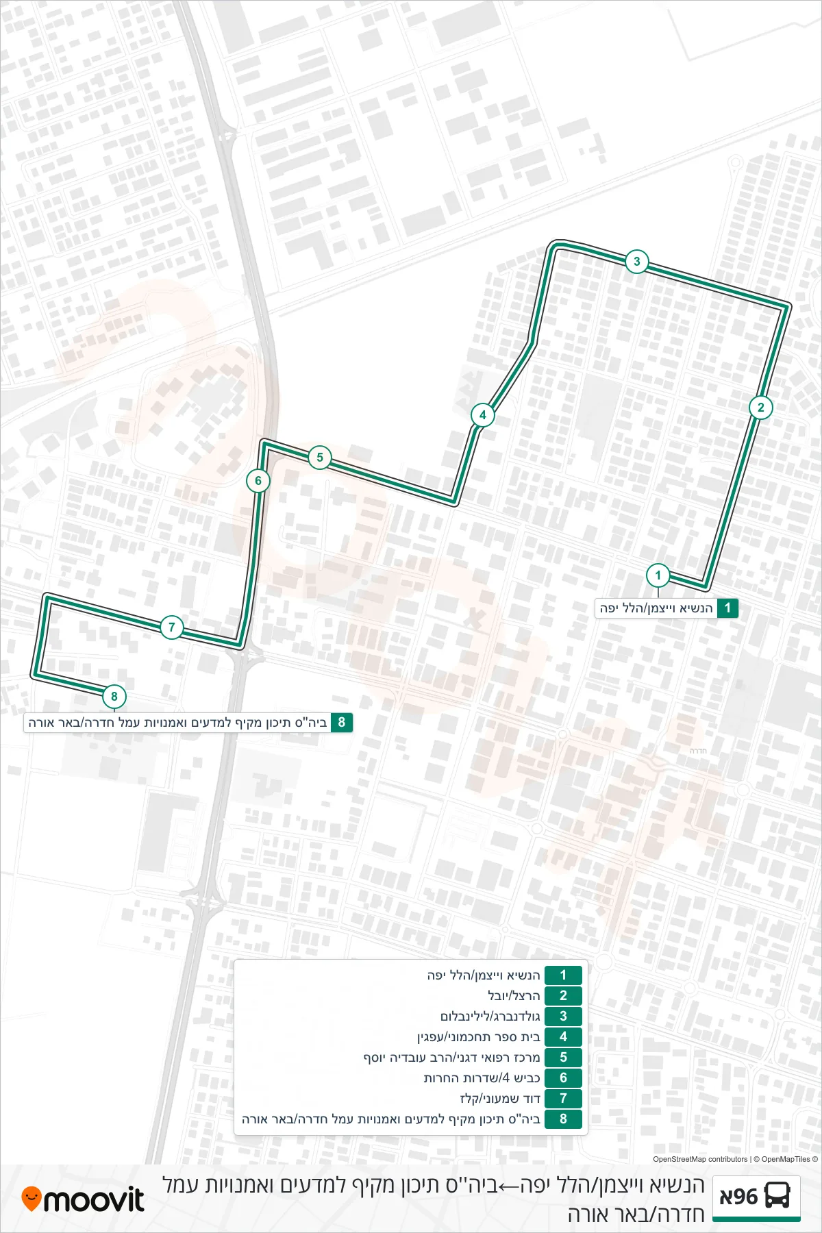 96A bus Line (President Weizmann/Hillel Yafe‎→Amal Hadera Science & Arts High School/Be'er Ora) route and stops on a map