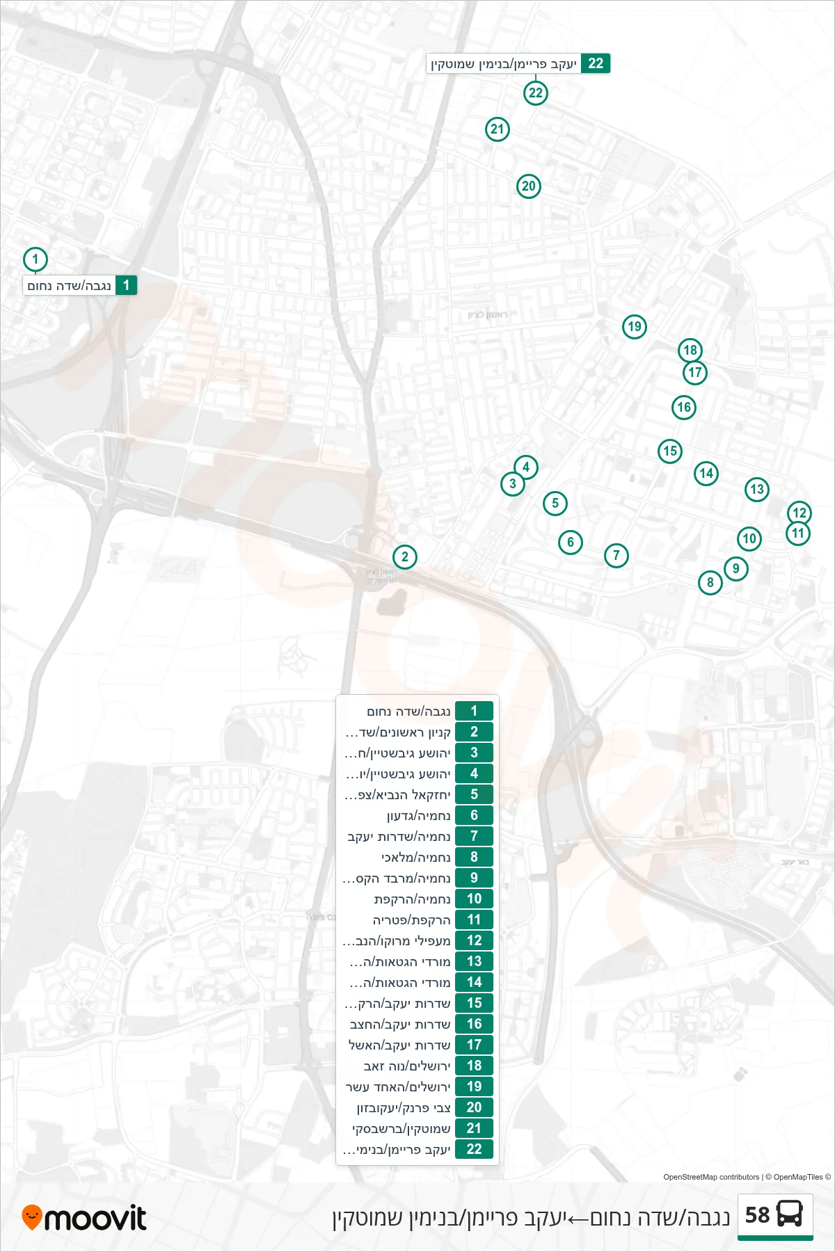 58 bus Line (Negba/Sde Nachum‎→Yaakov Friman/Benjamin Smotkin) route and stops on a map