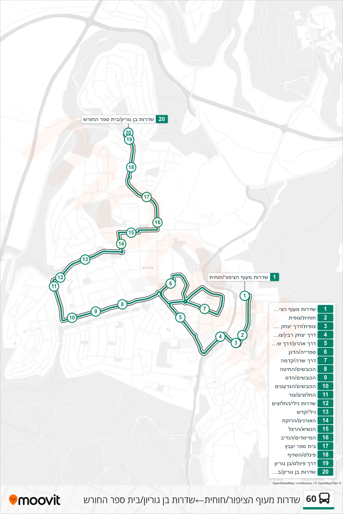 60 bus Line (Sderot Meof Hatzipor/Hochit‎→Ben Gurion Boulevard/HaChoresh School) route and stops on a map