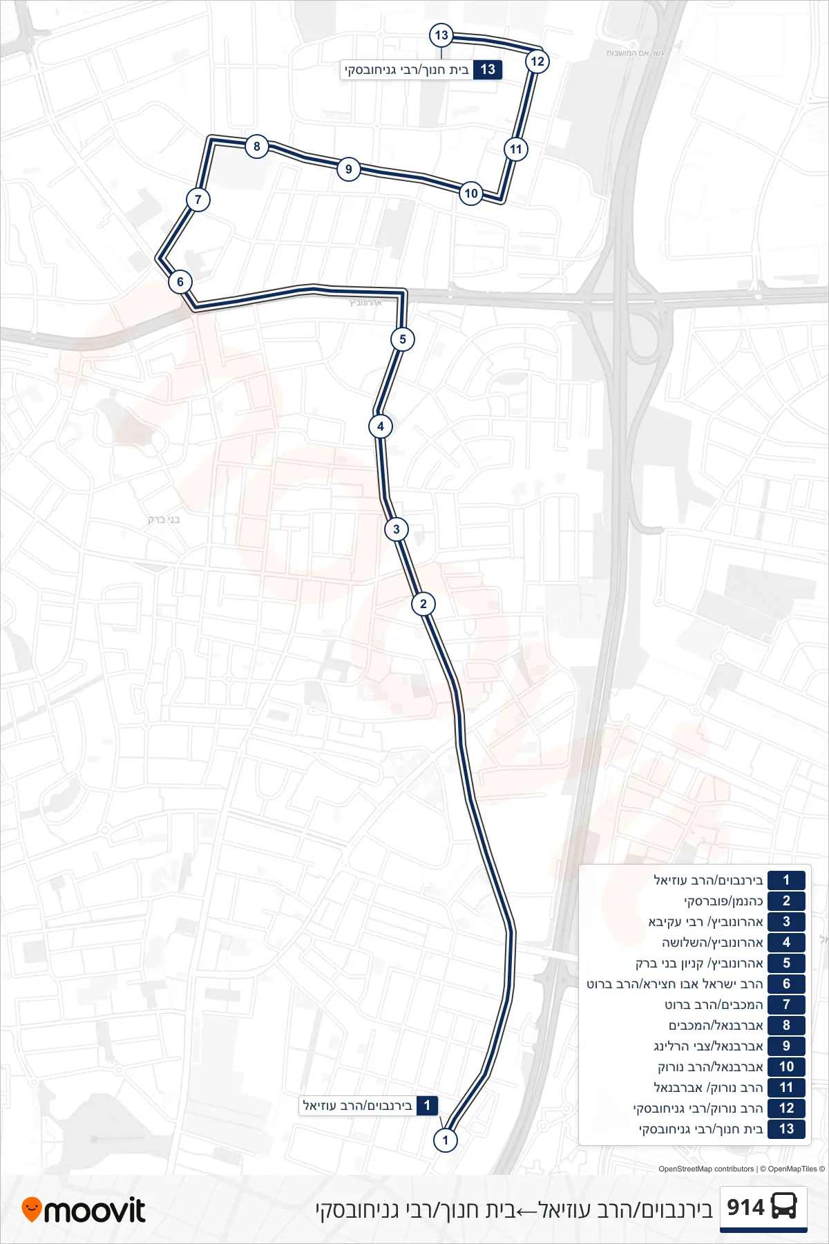 914 bus Line (Birnbaum/Rabbi Uziel→Beit Chinuch/Rabbi Genichovsky) route and stops on a map