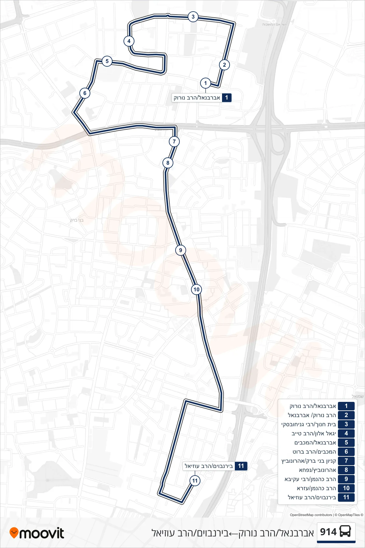 914 bus Line (Abarbanel/HaRav Nurok→Birnbaum/Rabbi Uziel) route and stops on a map