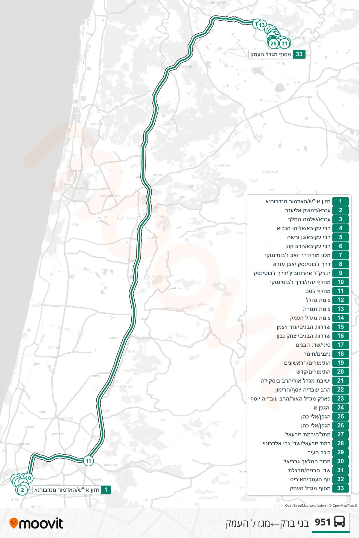 951  Line (Bnei Brak‎→Migdal HaEmek) route and stops on a map