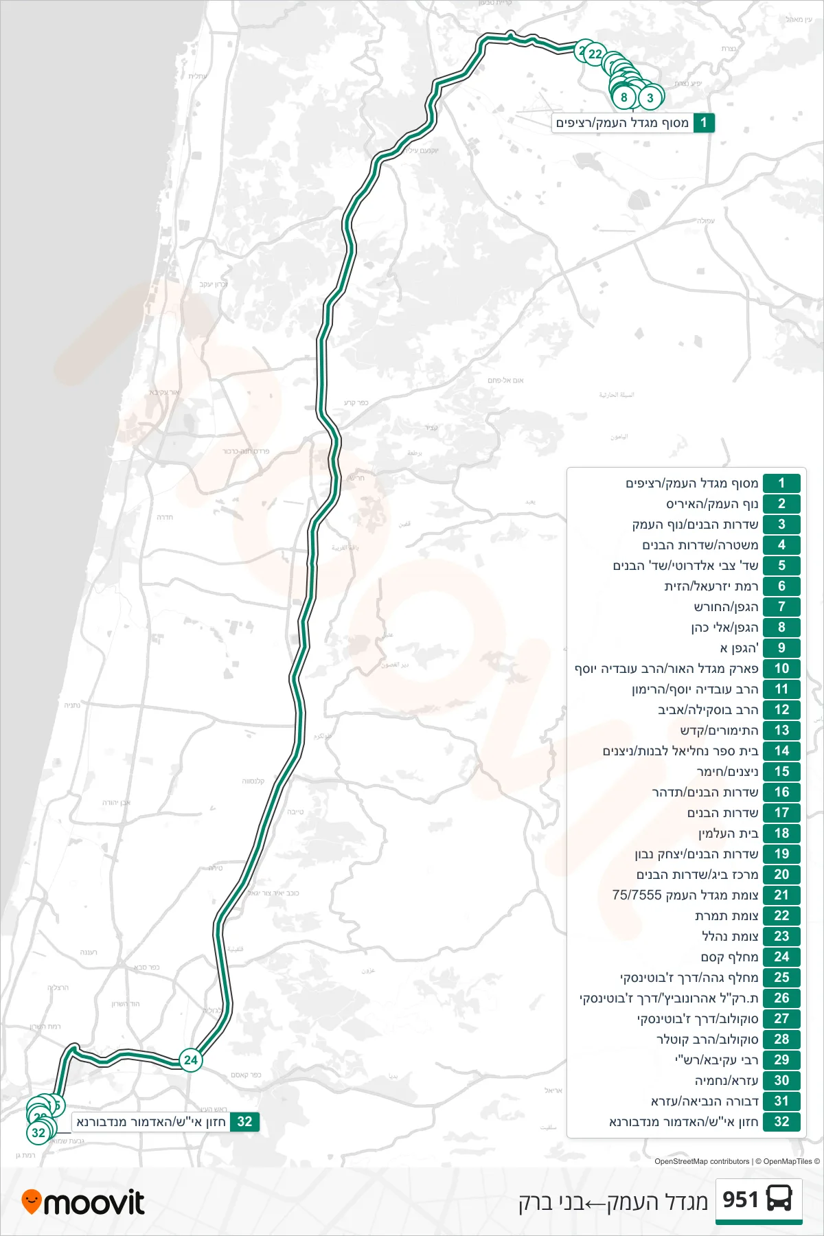 951  Line (Migdal HaEmek‎→Bnei Brak) route and stops on a map