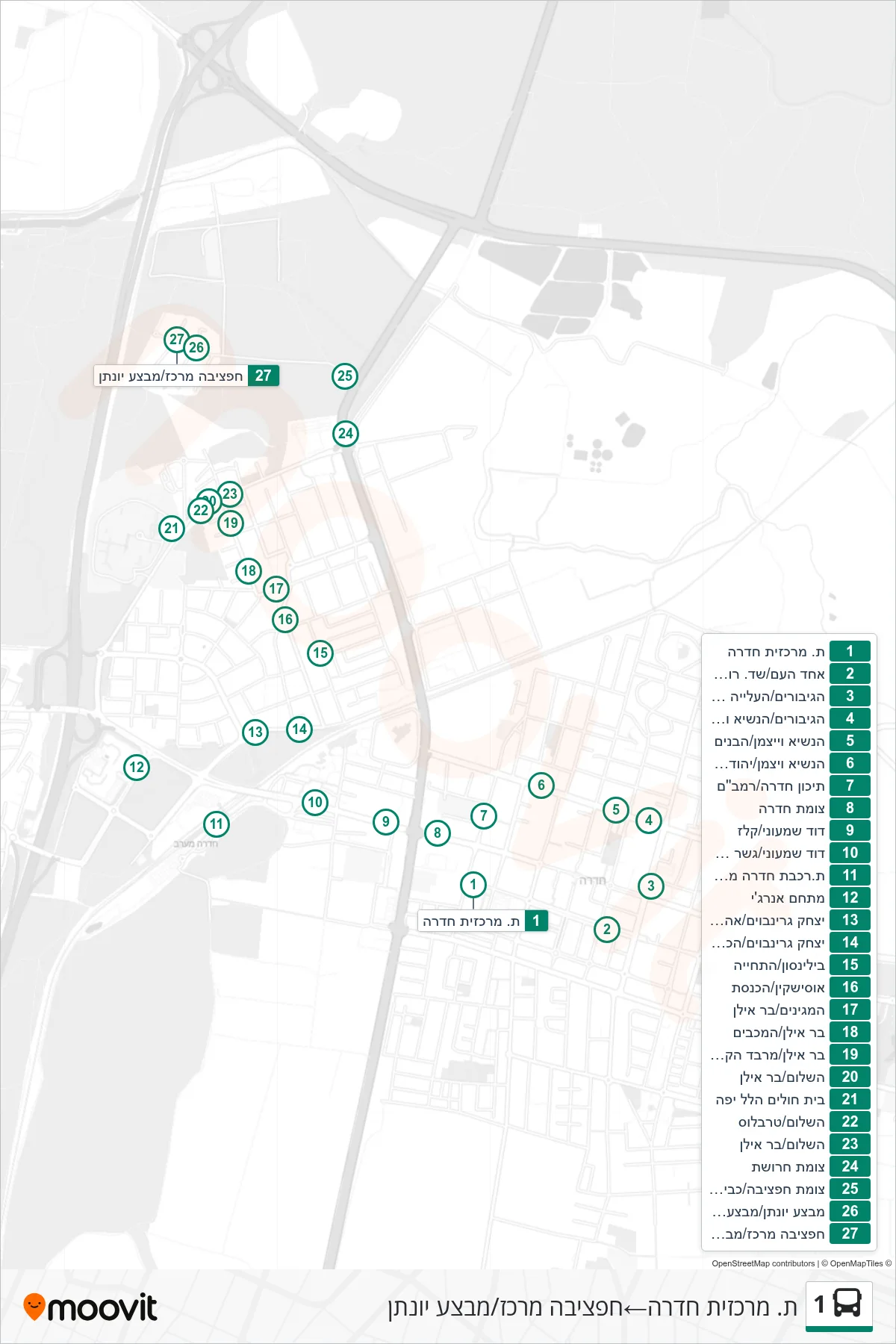 1 bus Line (Hadera Central Station→Haftziba Center/Mivtza Yonatan) route and stops on a map