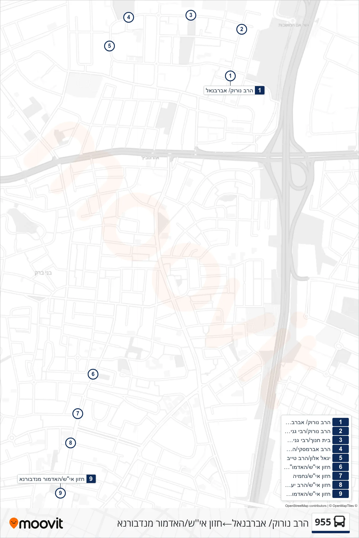955 bus Line (HaRav Nurok/Abarbanel‎→Chazon Ish/Admor of Nadvorna) route and stops on a map