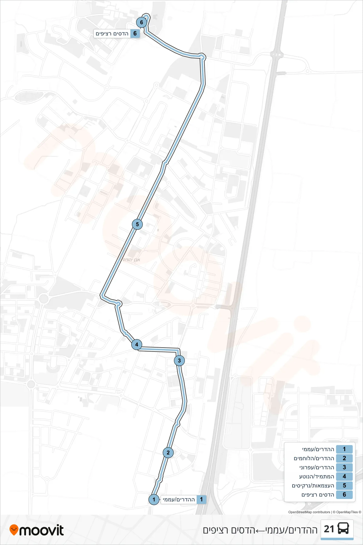 21 bus Line (HaHadarim/Amami‎→Hadasim Platforms) route and stops on a map