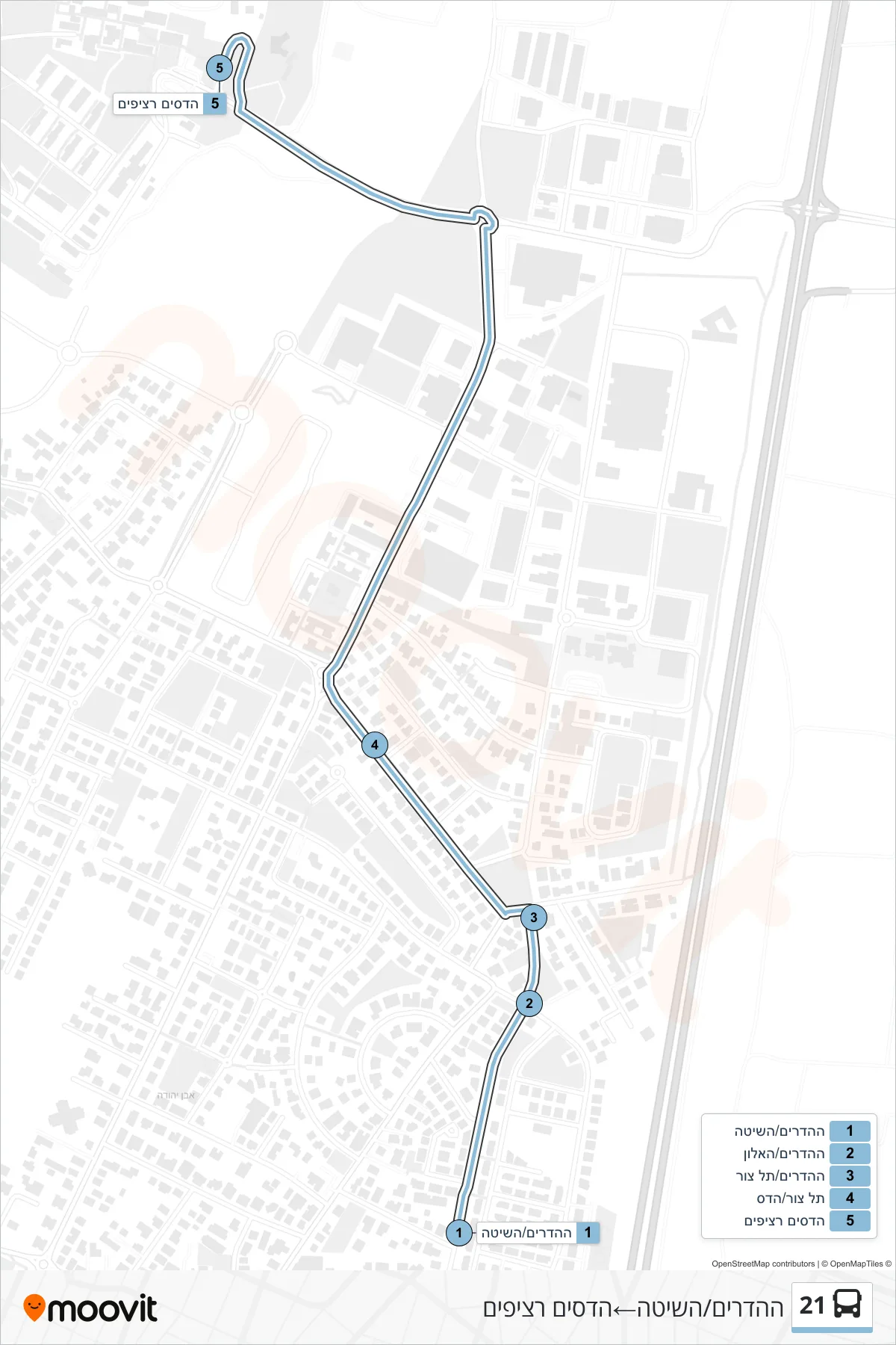 21 bus Line (HaHadarim/HaShita‎→Hadasim Platforms) route and stops on a map