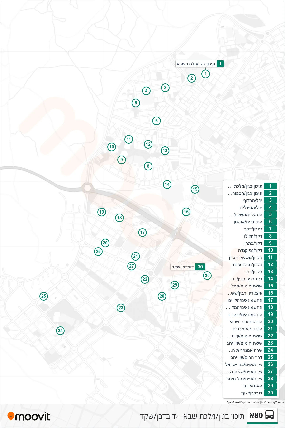 80A bus Line (Begen High School/Malkat Sheva‎→Douvdevan/Shaked) route and stops on a map