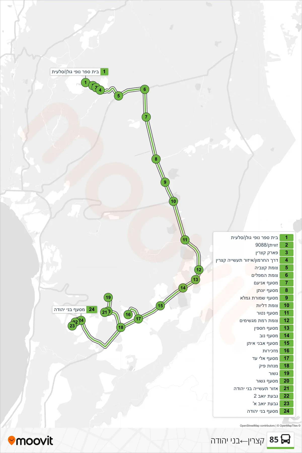 85 bus Line (Katzrin‎→Bnei Yehuda) route and stops on a map
