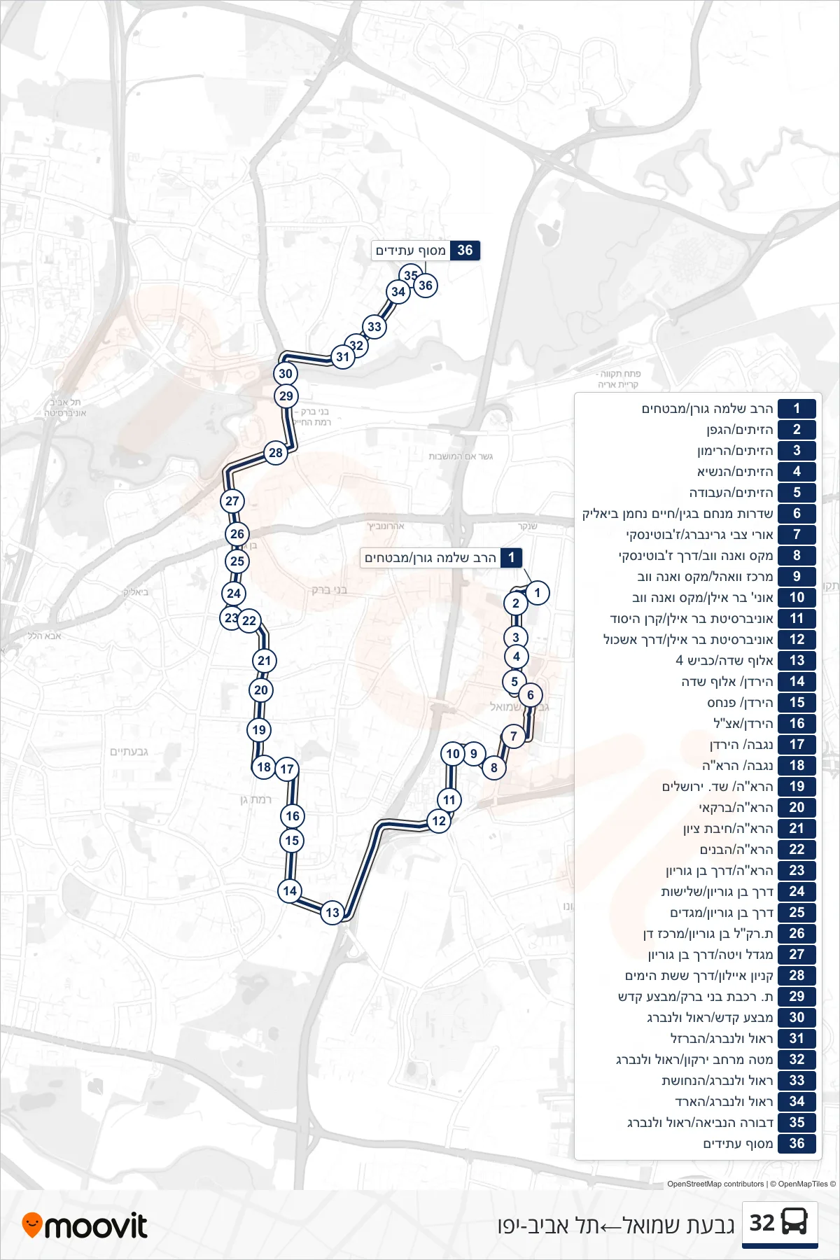 32 bus Line (Givat Shmuel‎→Tel Aviv-Yafo) route and stops on a map