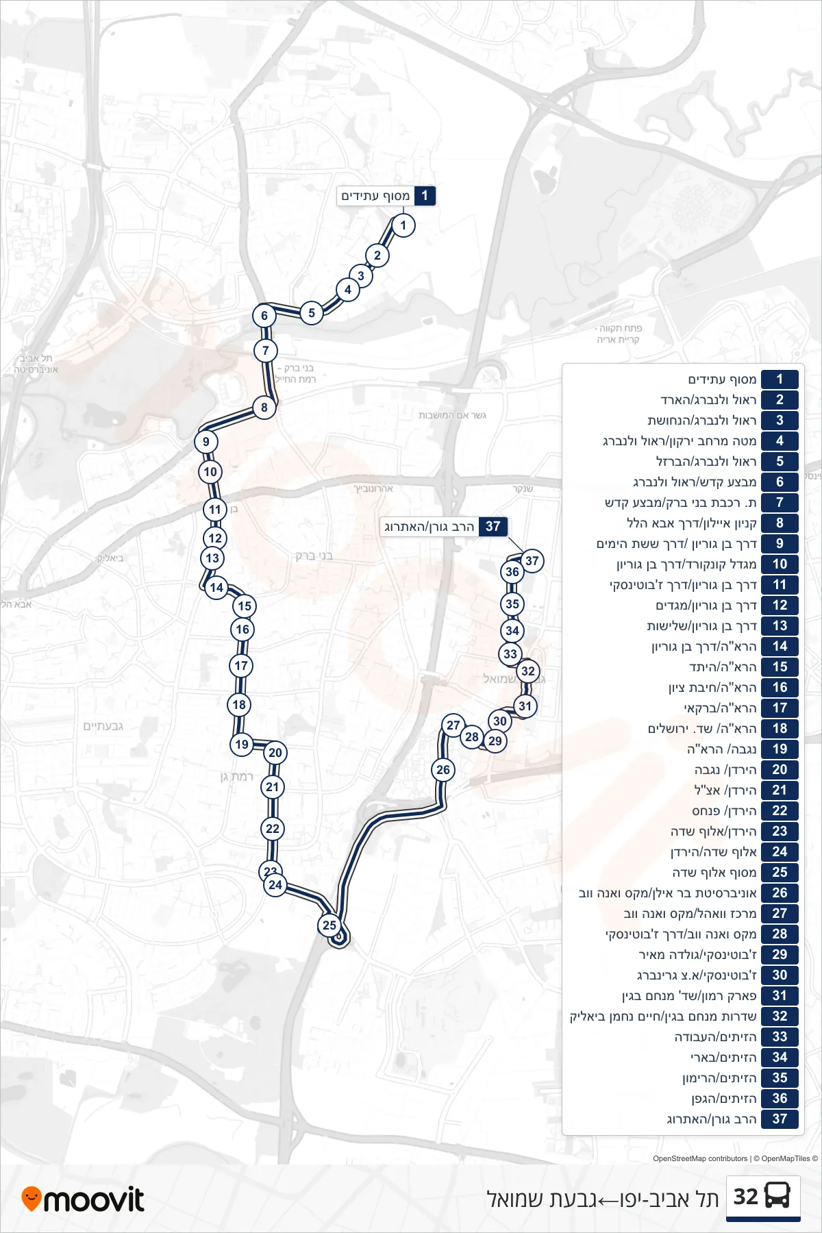 32 bus Line (Tel Aviv-Yafo‎→Givat Shmuel) route and stops on a map