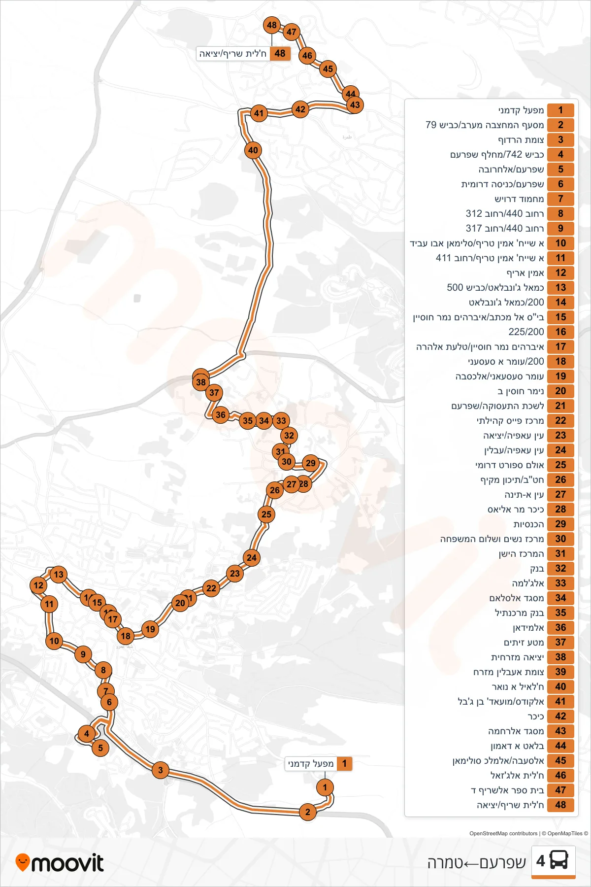 4 bus Line (Shfar'am‎→Tamra) route and stops on a map