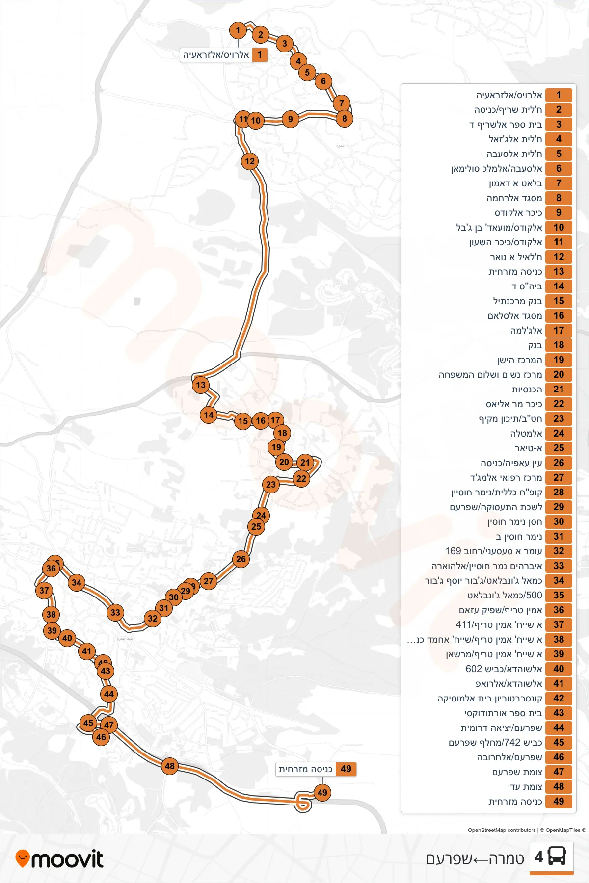 4 bus Line (Tamra‎→Shfar'am) route and stops on a map