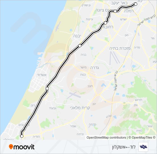 מפת המסלול של קו רכבת ישראל לוד - אשקלון
