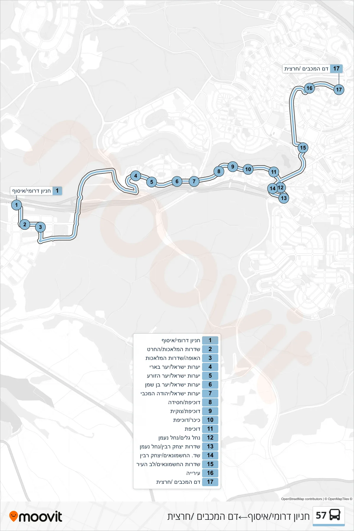57 bus Line (Southern Parking/Pickup→Dam HaMaccabim/Harzit) route and stops on a map