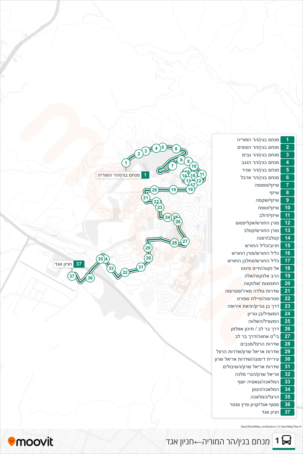 1 bus Line (Menachem Begin/Har HaMoriah→Egged Parking Lot) route and stops on a map