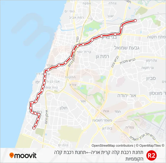 Red Line Bat Yam - Petah Tikva - R2 Light Rail Line Map