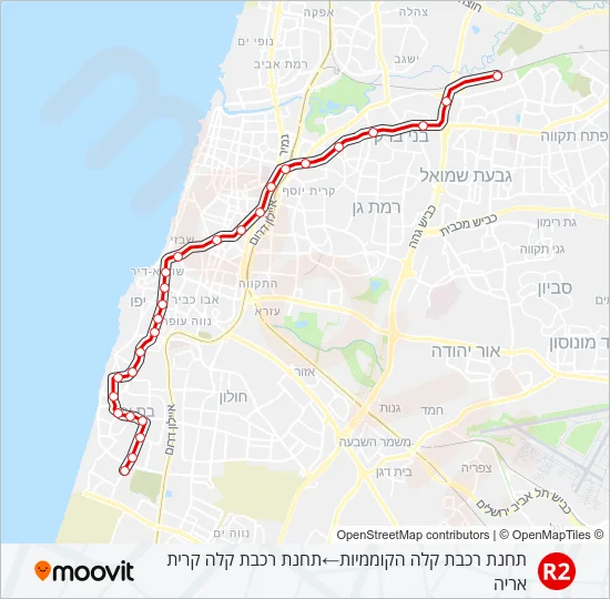 Трамвай הקו האדום בת ים - פתח תקוה - R2: карта маршрута