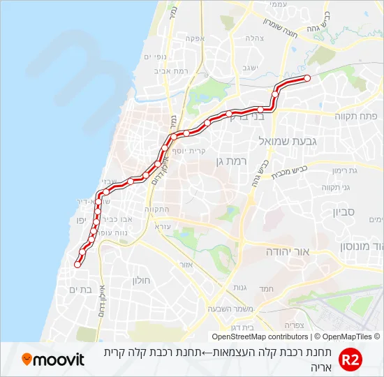Трамвай הקו האדום בת ים - פתח תקוה - R2: карта маршрута