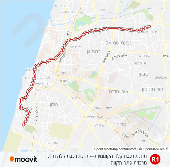 Трамвай הקו האדום פתח תקווה - בת ים - R1: карта маршрута
