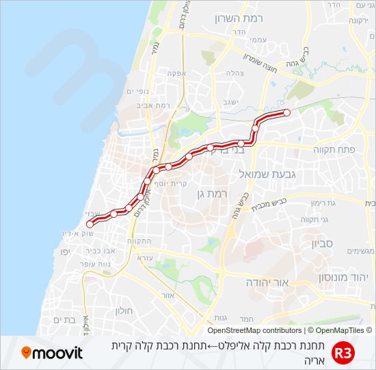 מפת המסלול של קו רכבת קלה הקו האדום פתח תקווה - תל אביב - R3