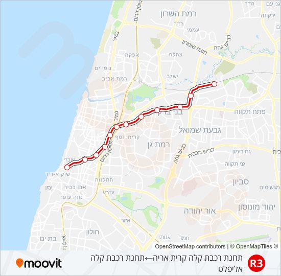 Трамвай הקו האדום פתח תקווה - תל אביב - R3: карта маршрута