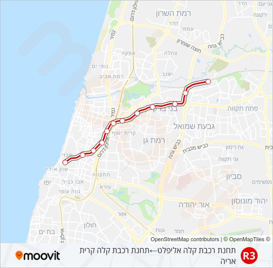מפת המסלול של קו רכבת קלה הקו האדום פתח תקווה - תל אביב - R3