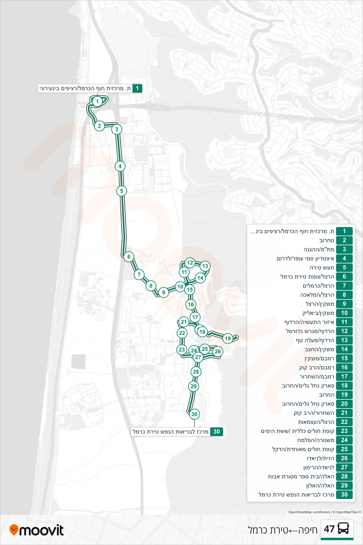 47 bus Line (Haifa‎→Tirat Carmel) route and stops on a map