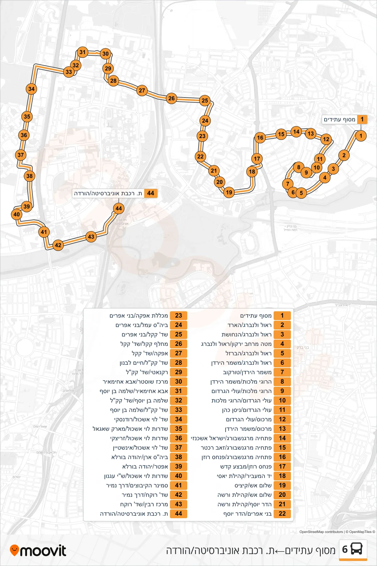 6 bus Line (Atidim Terminal→University Railway Station/Drop Off) route and stops on a map