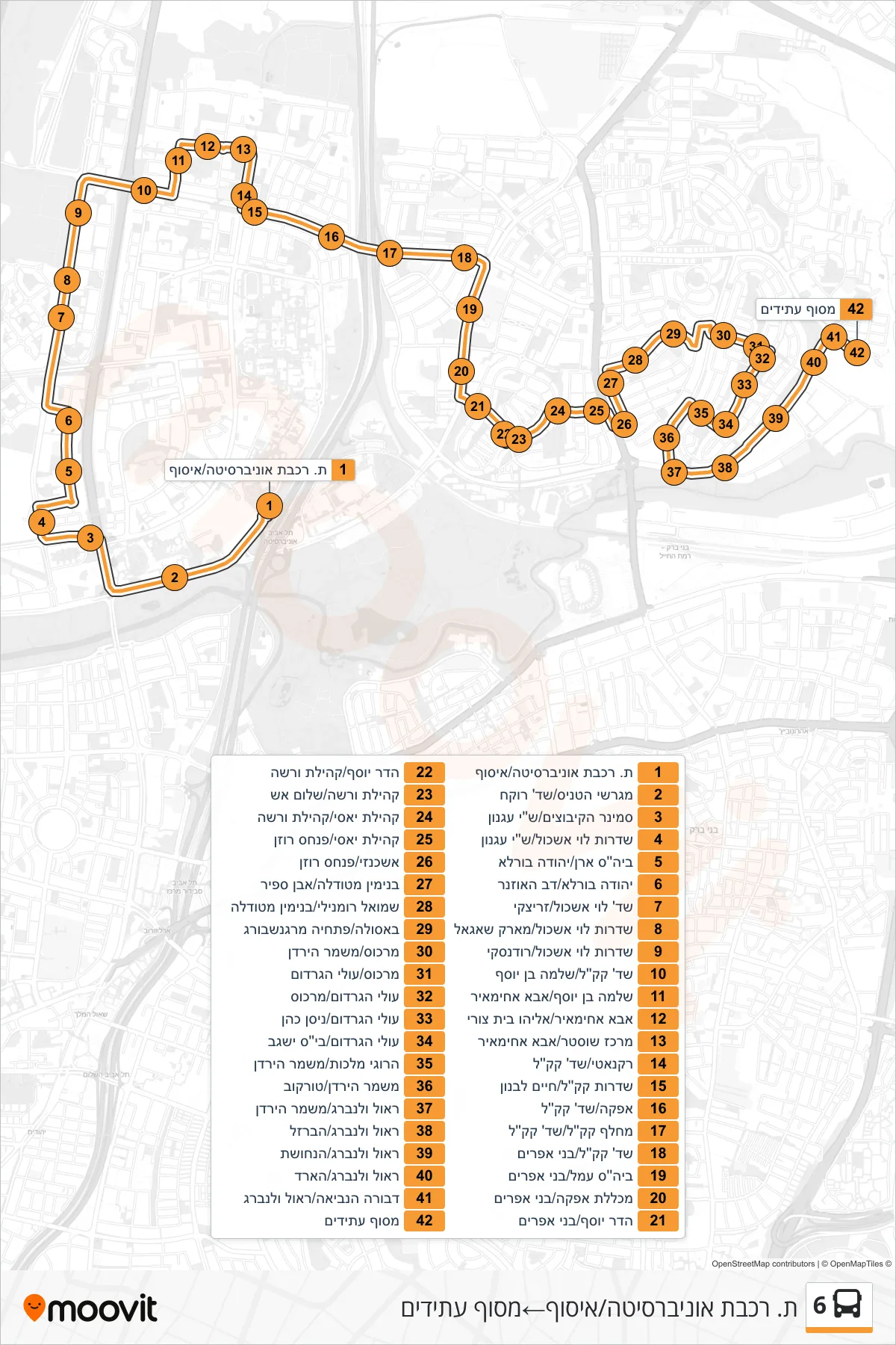 6 bus Line (University Railway Station/Pickup→Atidim Terminal) route and stops on a map