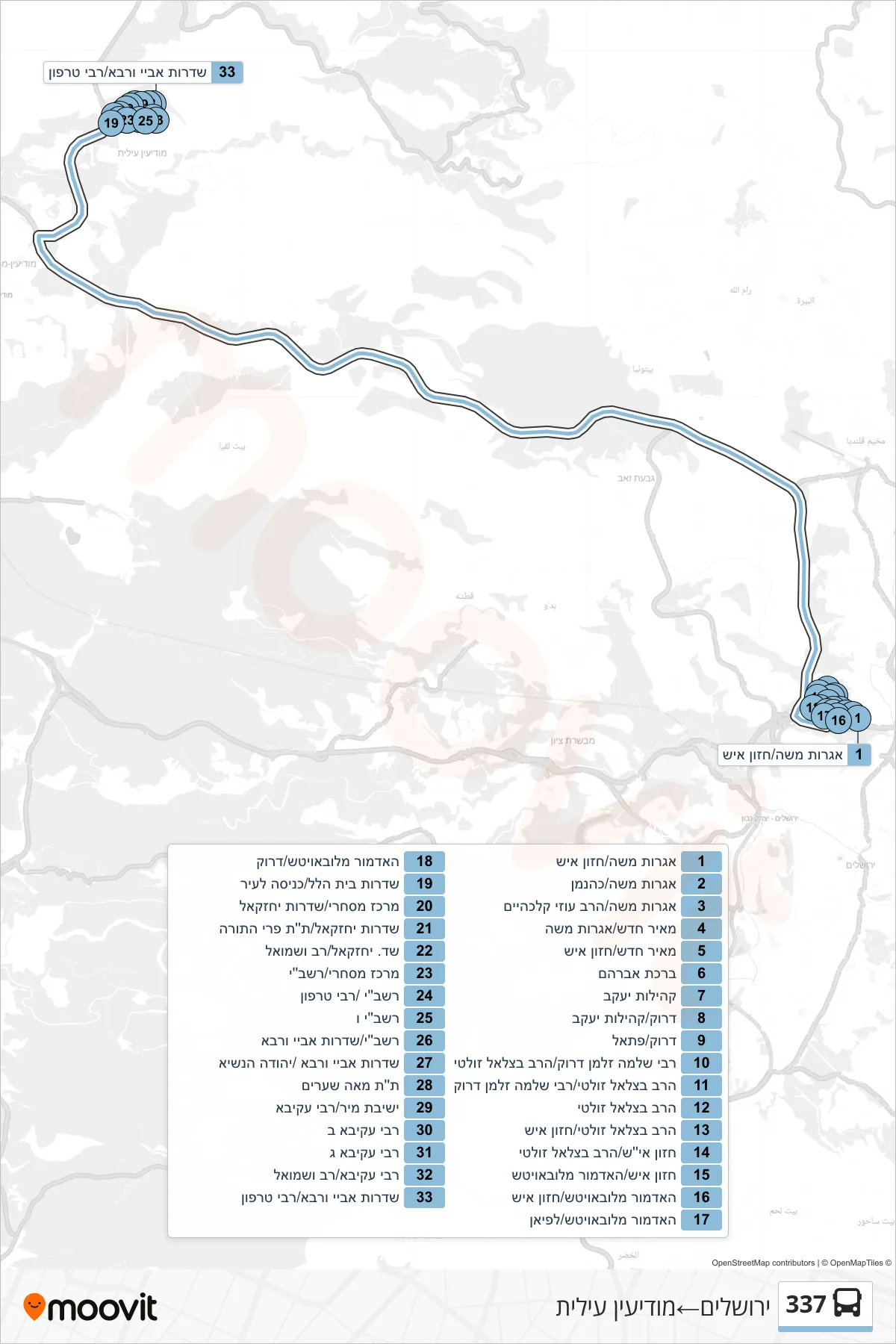 337 bus Line (Jerusalem‎→Modi'in Illit) route and stops on a map