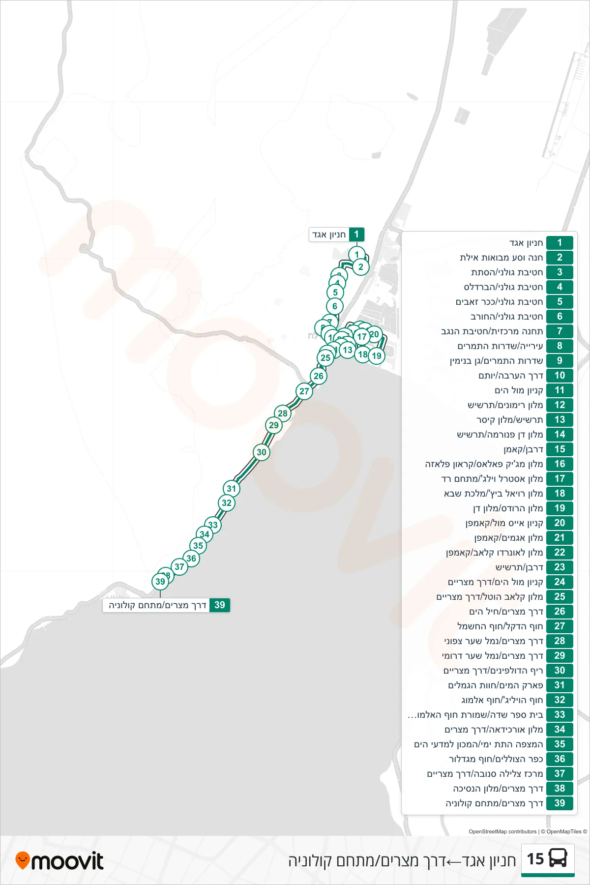 15 bus Line (Egged Parking Lot→Egypt Road/Colony Complex) route and stops on a map
