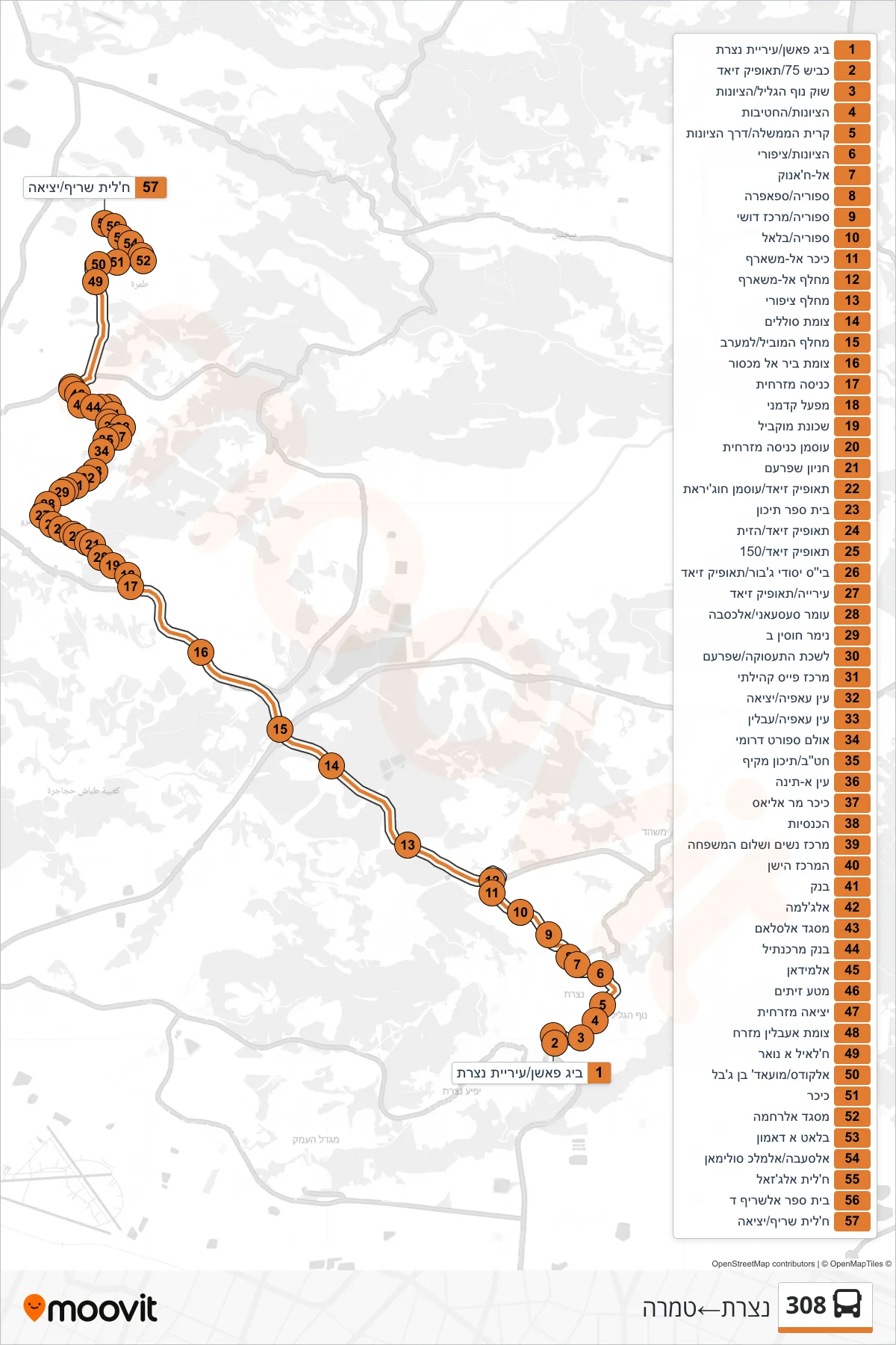 308  Line (Nazareth‎→Tamra) route and stops on a map