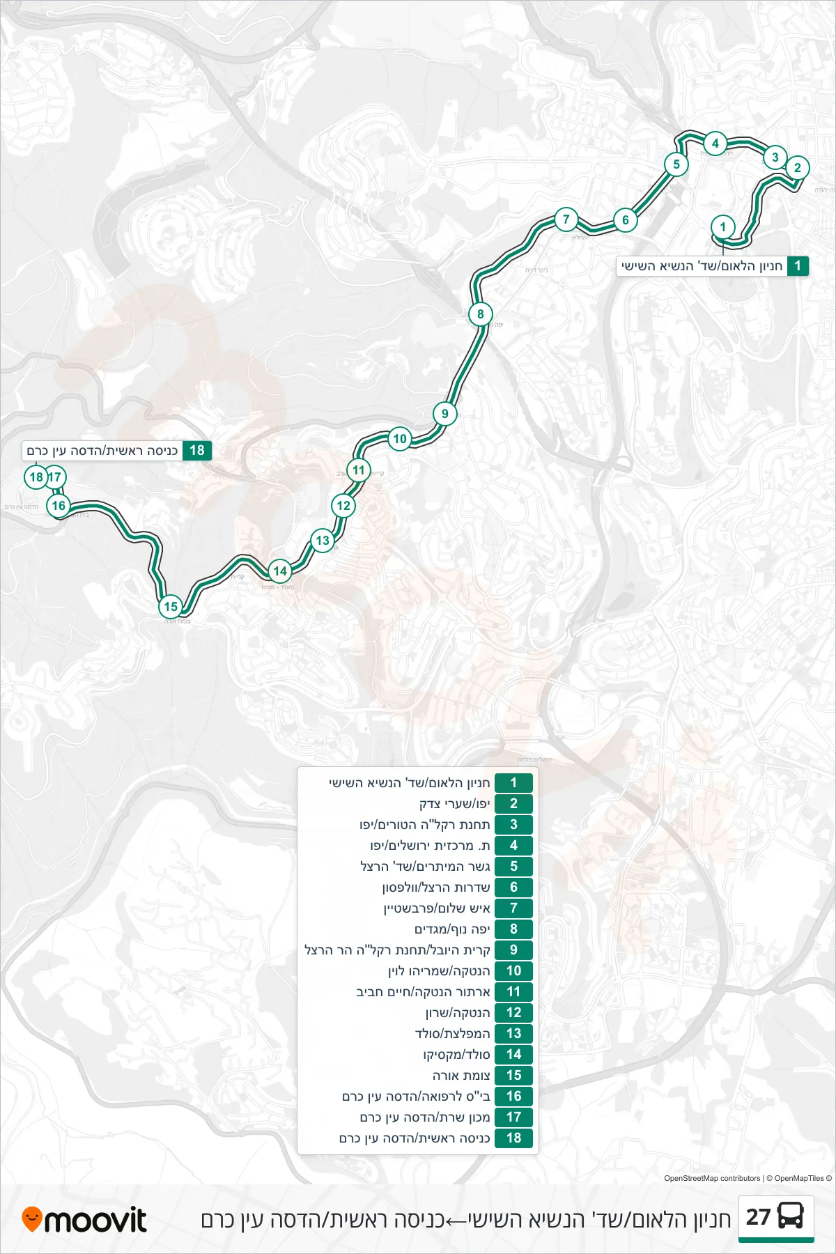 27 bus Line (HaLeom Parking/6th President Blvd→Main Entrance/Hadassah Ein Kerem) route and stops on a map