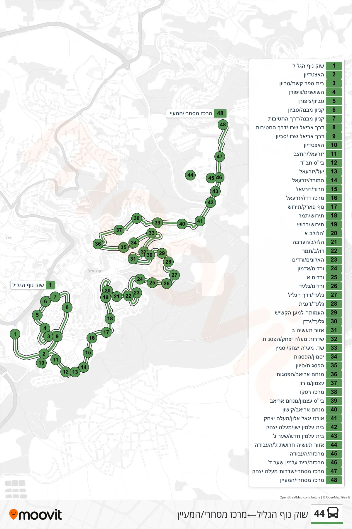 44  Line (Nof HaGalil Market‎→Commercial Center/HaMaayan) route and stops on a map