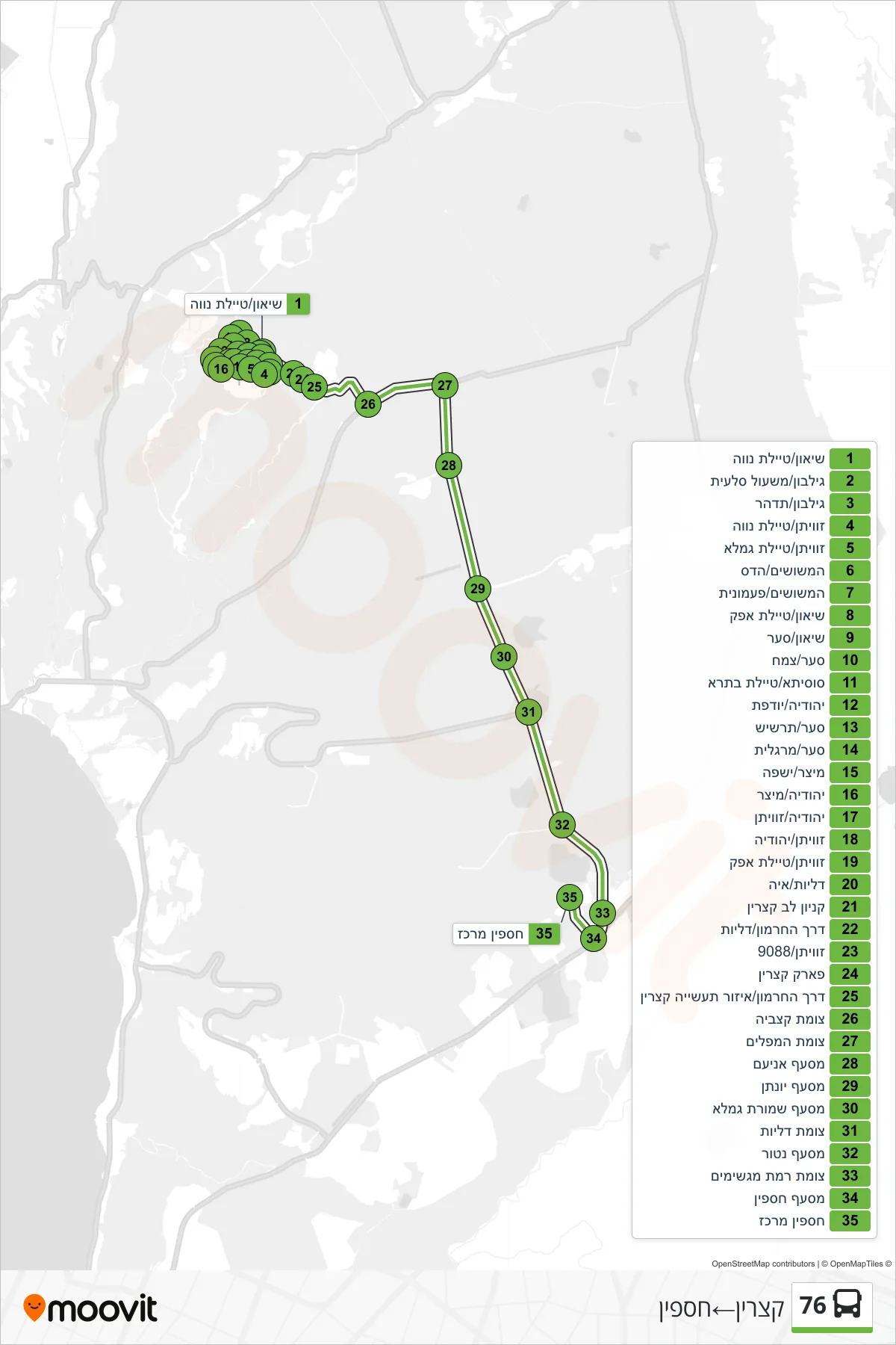 76 bus Line (Katzrin→Haspin) route and stops on a map