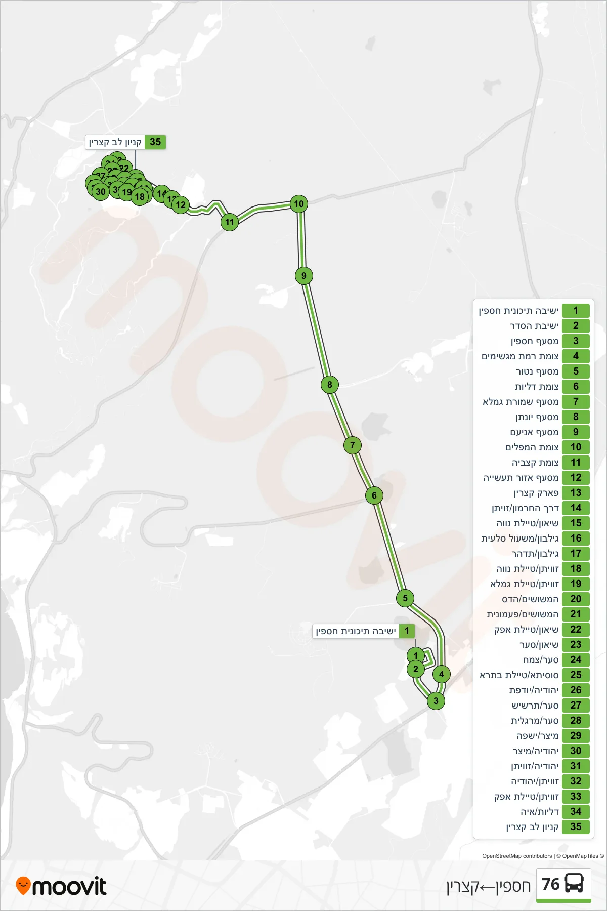 76 bus Line (Haspin‎→Katzrin) route and stops on a map