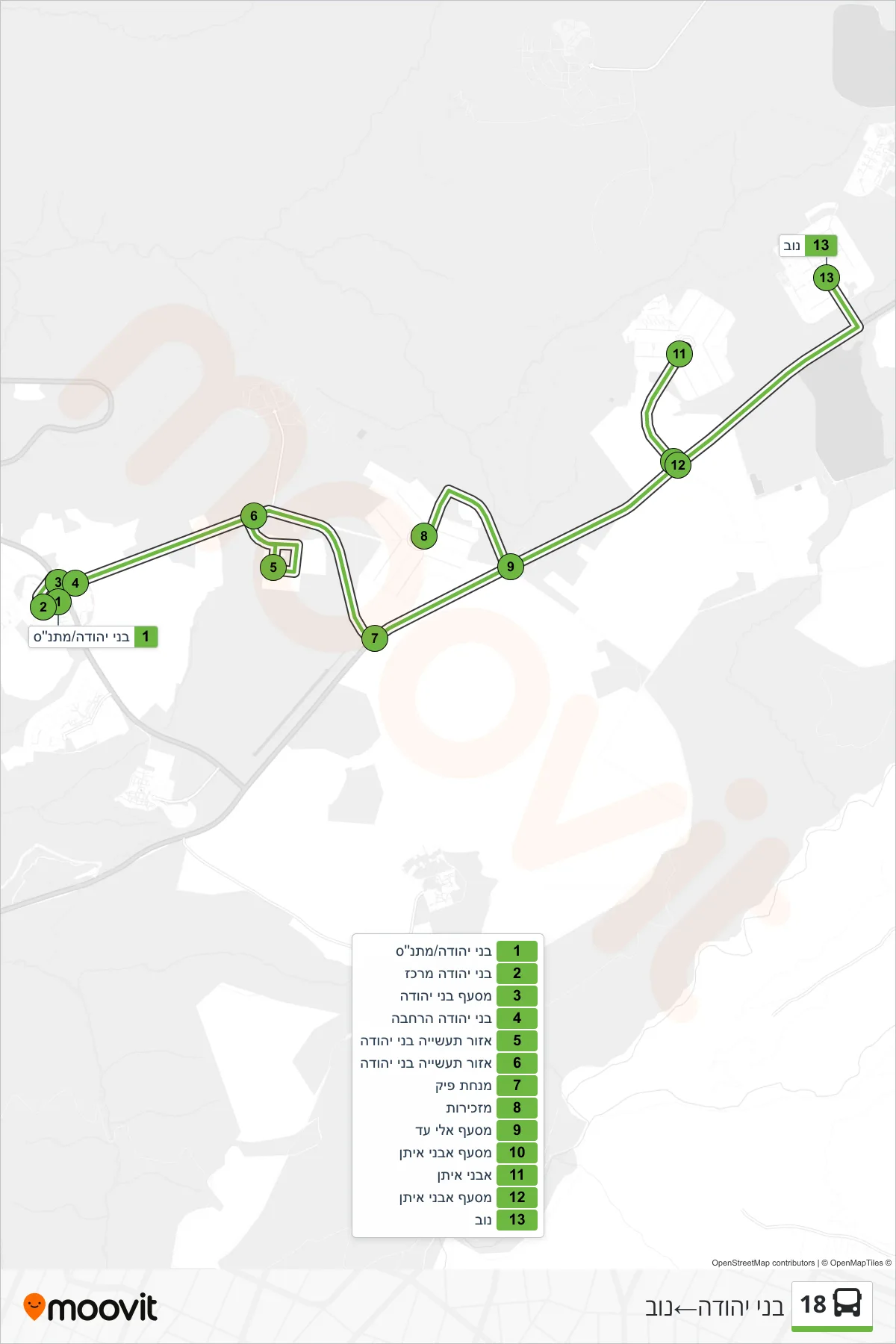 18 bus Line (Bnei Yehuda‎→Nov) route and stops on a map