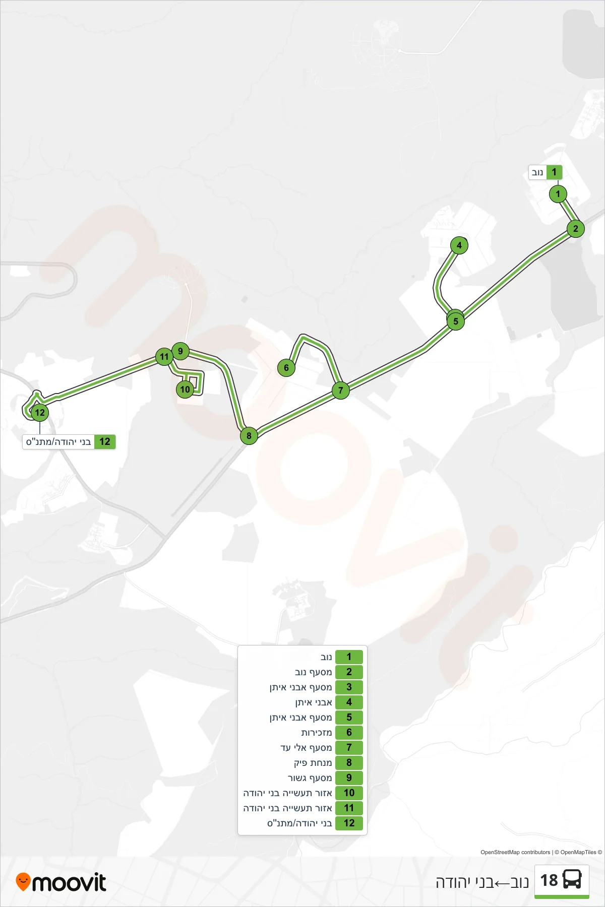 18 bus Line (Nov‎→Bnei Yehuda) route and stops on a map